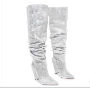 Capitán Robin Silver Rinestone boots square high heels with zipper metallic